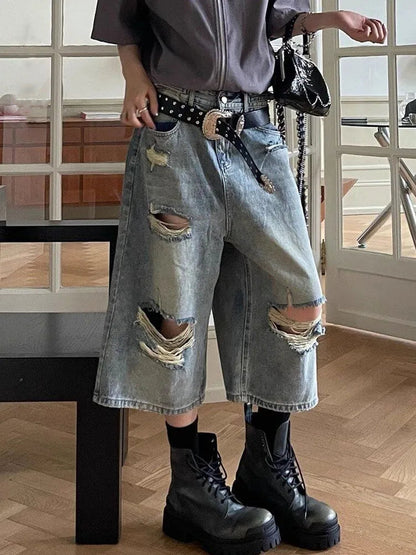 Fashionable Ripped Waistband Loose Jeans Cropped Trousers