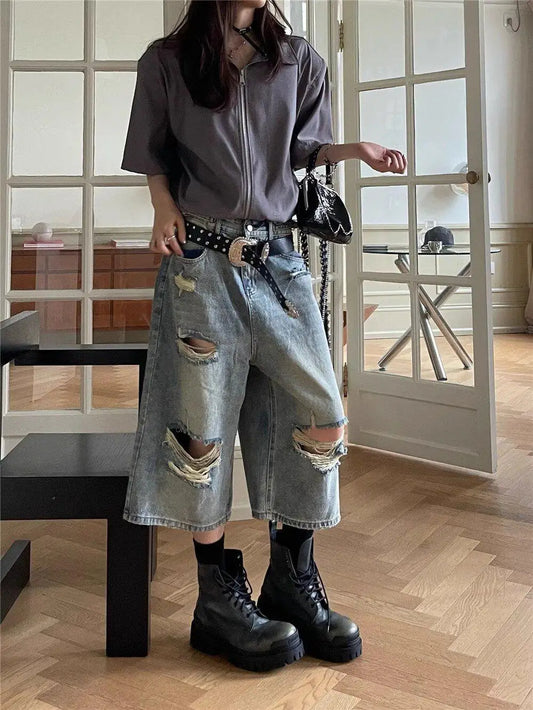 Fashionable Ripped Waistband Loose Jeans Cropped Trousers