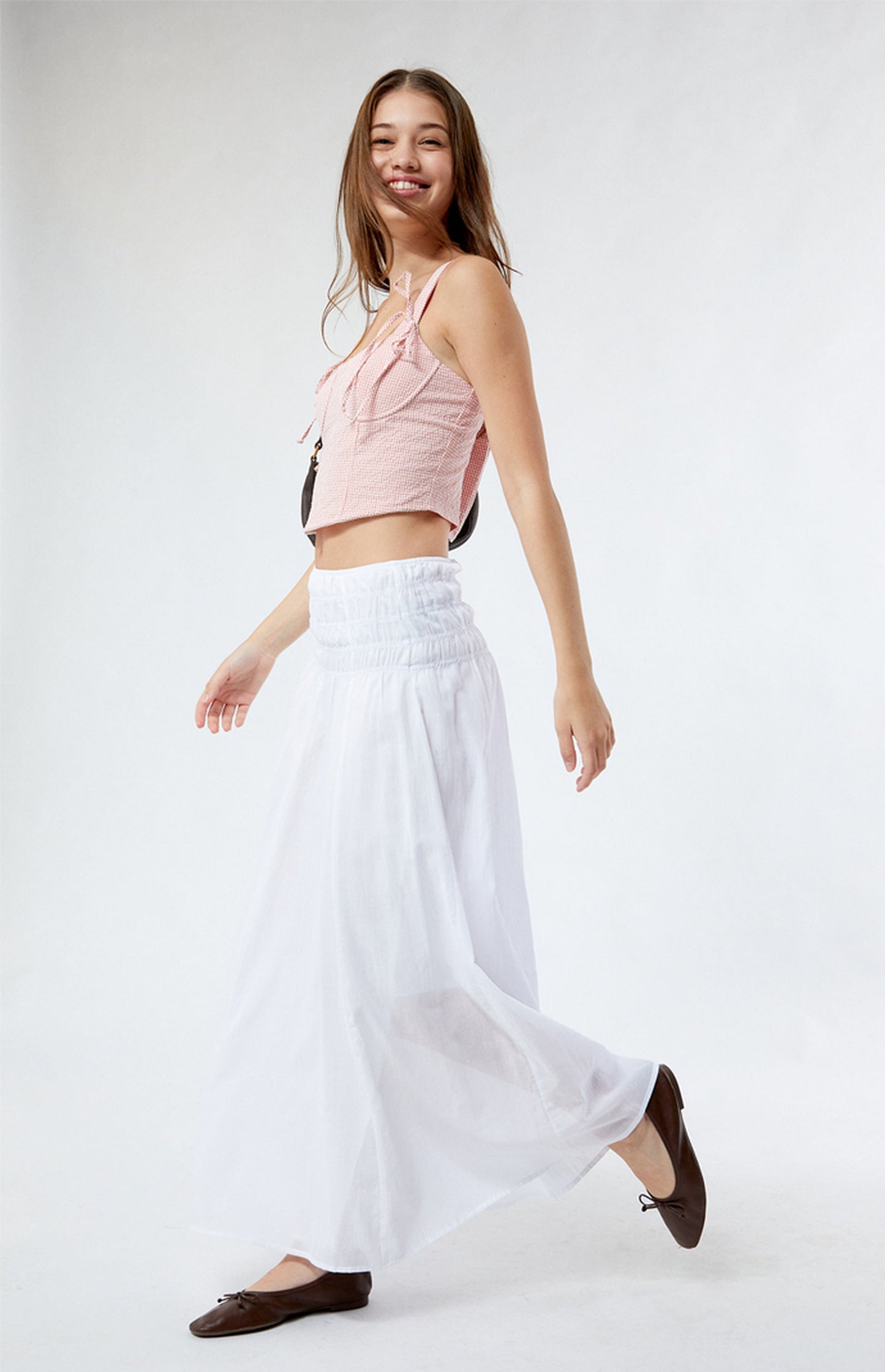 Women's Pleated Waist White Solid Color Long Skirt