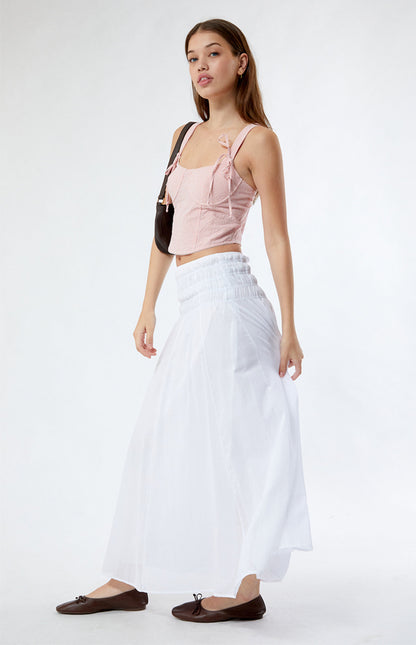 Women's Pleated Waist White Solid Color Long Skirt