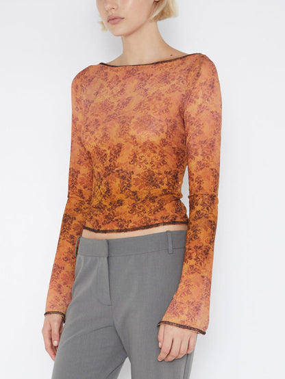 Women's Mesh Floral Print Long Sleeve Top