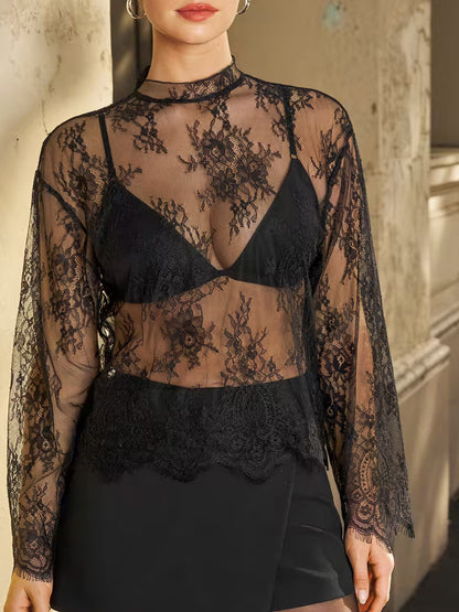 Women's Sheer Floral Lace Long Sleeve Top