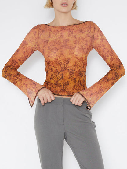 Women's Mesh Floral Print Long Sleeve Top