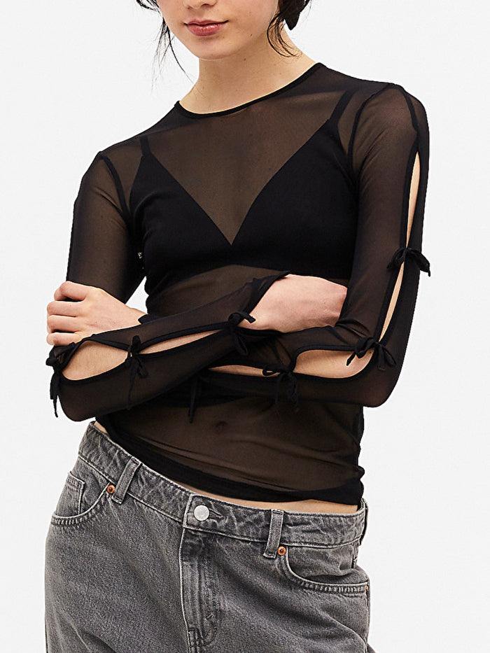 Women's Long Sleeved Bow Mesh Top