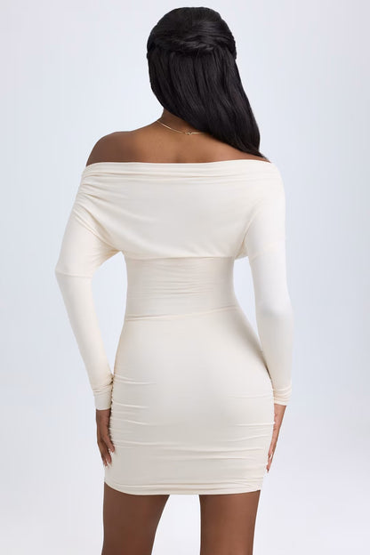 ELSA MODAL OFF - SHOULDER RUCHED MINI DRESS IN IVORY