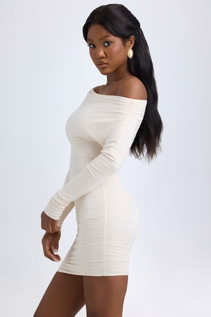 ELSA MODAL OFF - SHOULDER RUCHED MINI DRESS IN IVORY