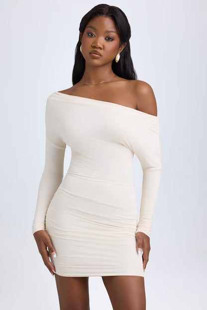 ELSA MODAL OFF - SHOULDER RUCHED MINI DRESS IN IVORY