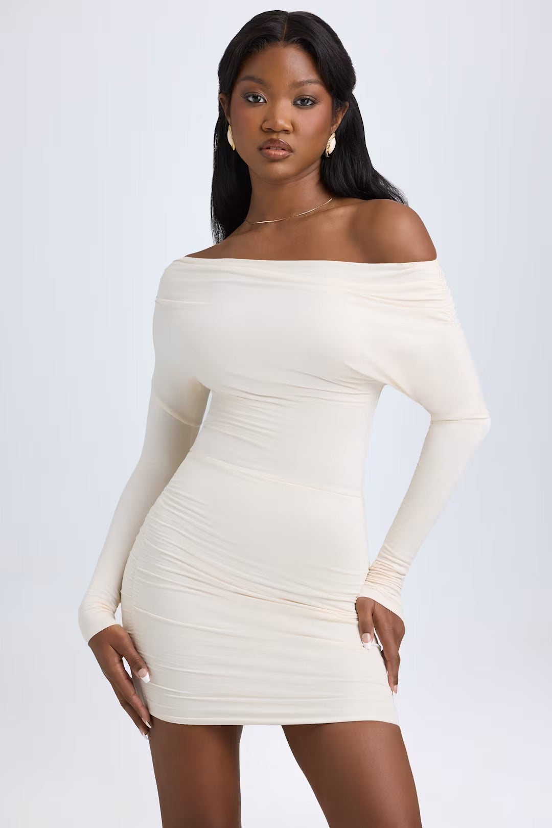 ELSA MODAL OFF - SHOULDER RUCHED MINI DRESS IN IVORY