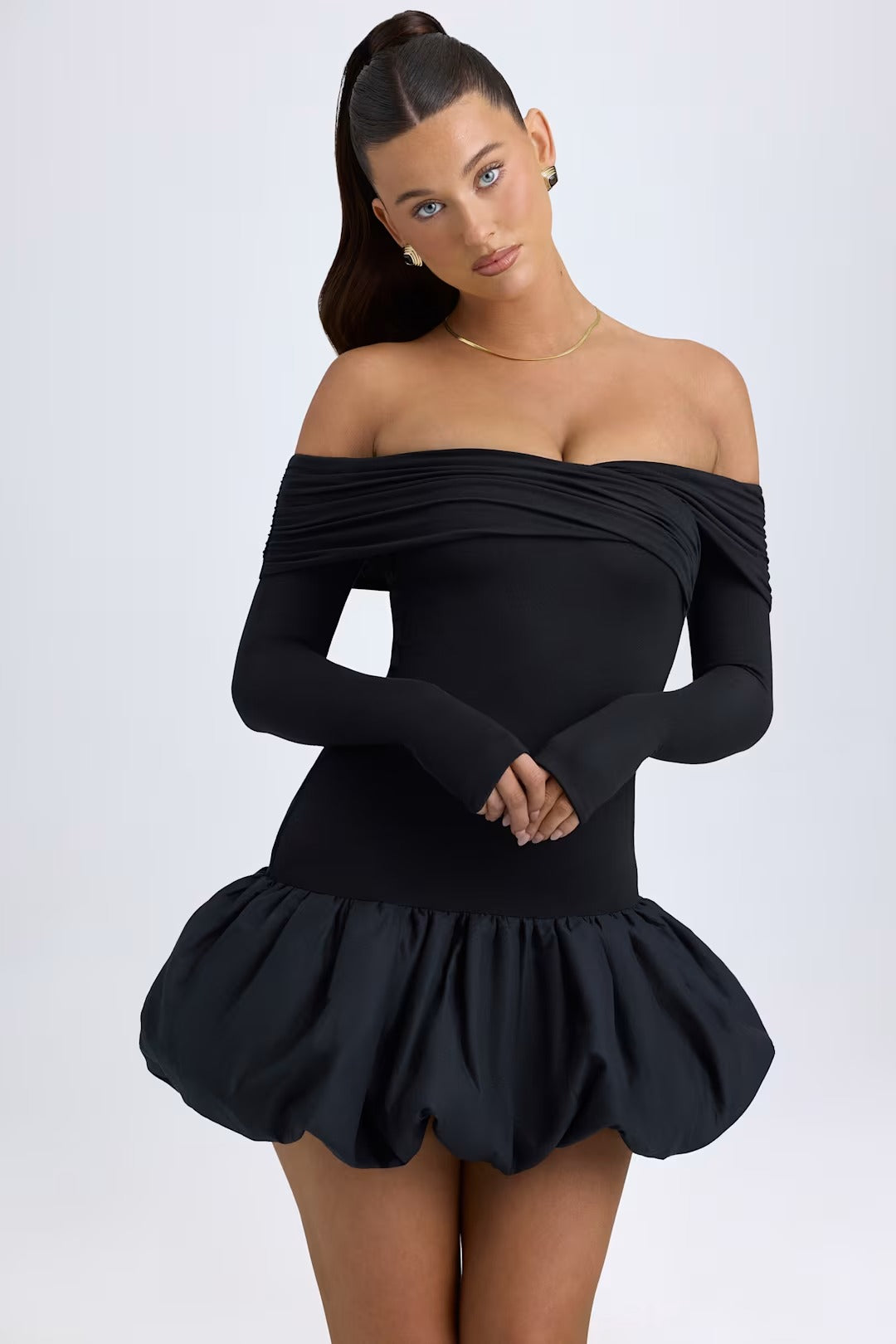 SERRA MODAL OFF - SHOULDER BUBBLE HEM MINI DRESS IN BLACK