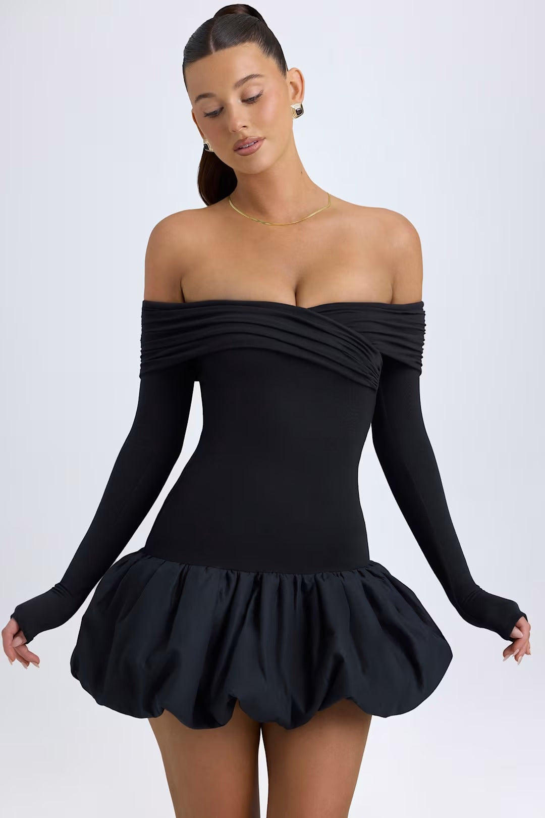 SERRA MODAL OFF - SHOULDER BUBBLE HEM MINI DRESS IN BLACK