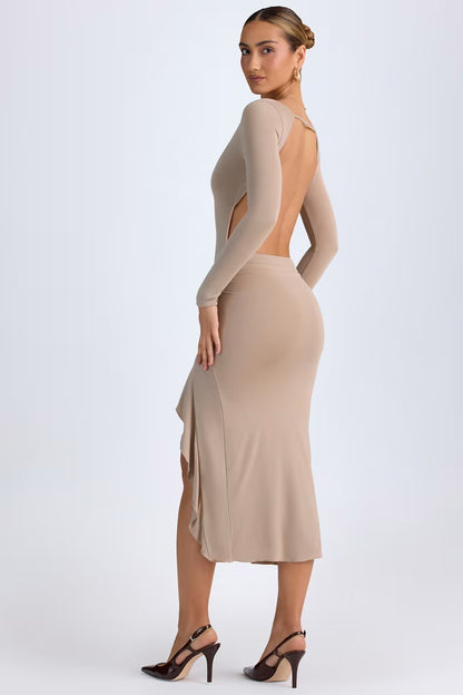 TARAI MODAL RUFFLED MIDAXI DRESS IN TAUPE