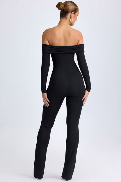 AGNESA MODAL OFF - SHOULDER RUCHED JUMPSUIT IN BLACK