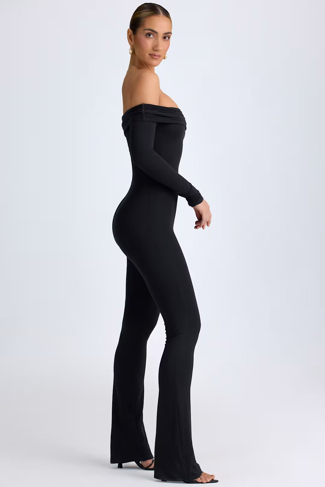 AGNESA MODAL OFF - SHOULDER RUCHED JUMPSUIT IN BLACK