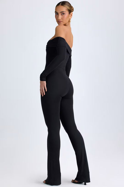 AGNESA MODAL OFF - SHOULDER RUCHED JUMPSUIT IN BLACK