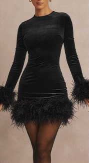 Women Bodycon Dress, Long Sleeve Feather Patchwork Slim Mini Dress