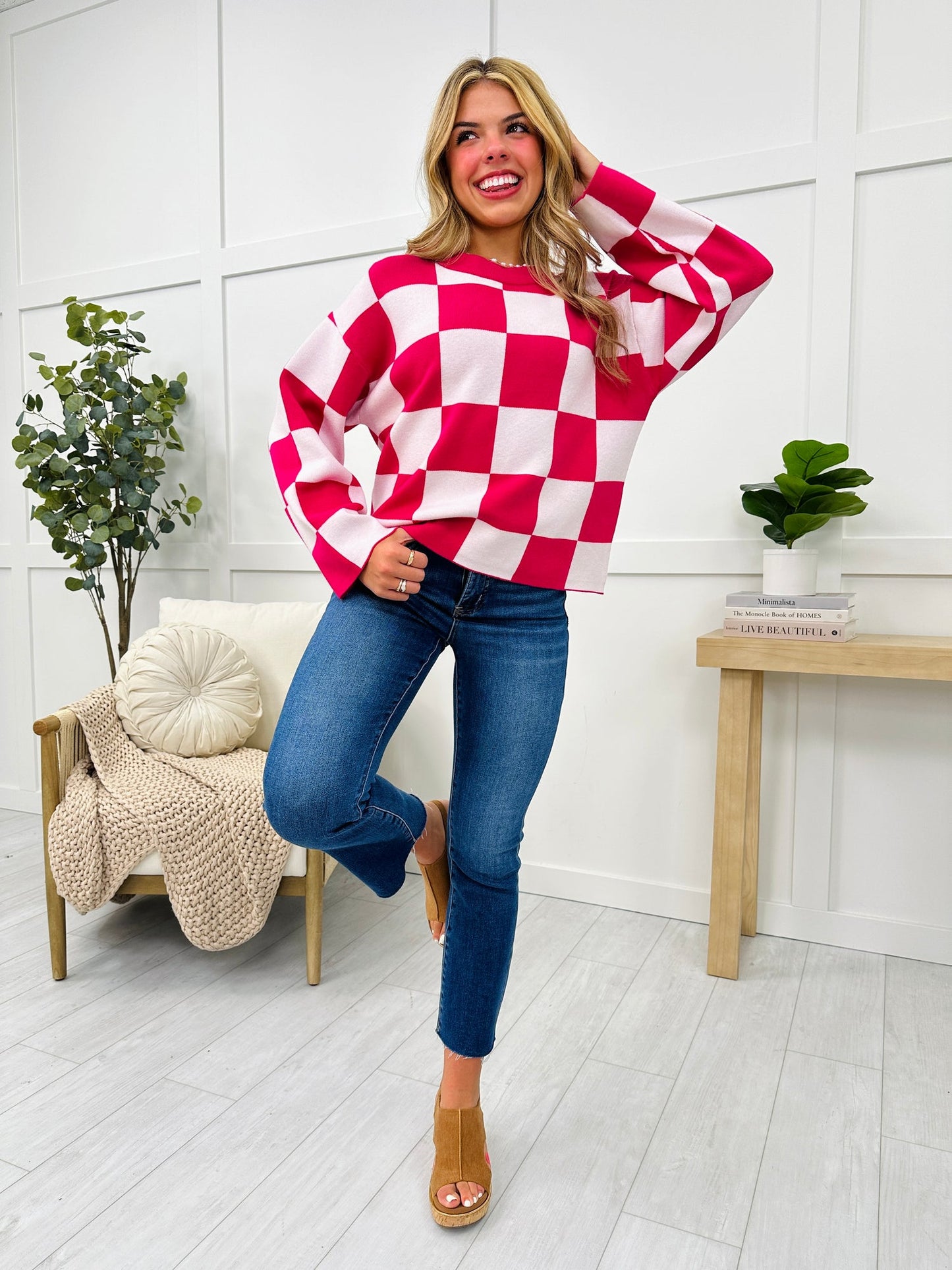 New Women's Loose Sweater Checkerboard Print Long Sleeve Pullover