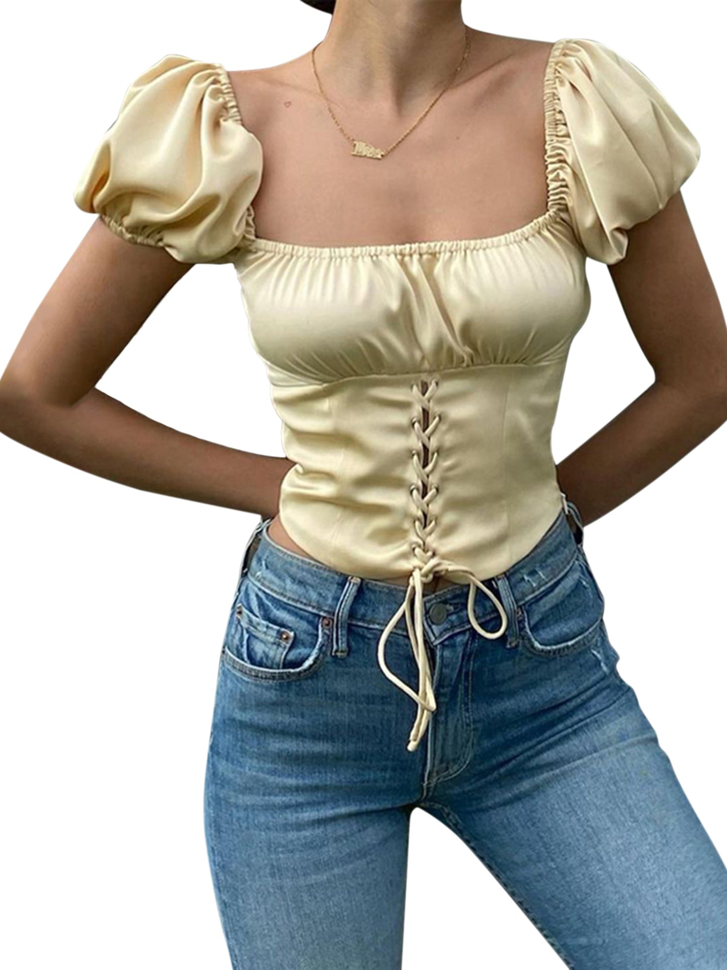 Women's Puff Sleeve Solid Color Lace-Up Exposed Navel T-shirt