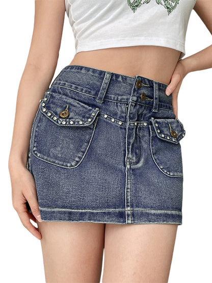 Women's Rhinestone High Waist Flap Pocket Denim Skirt