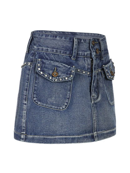 Women's Rhinestone High Waist Flap Pocket Denim Skirt