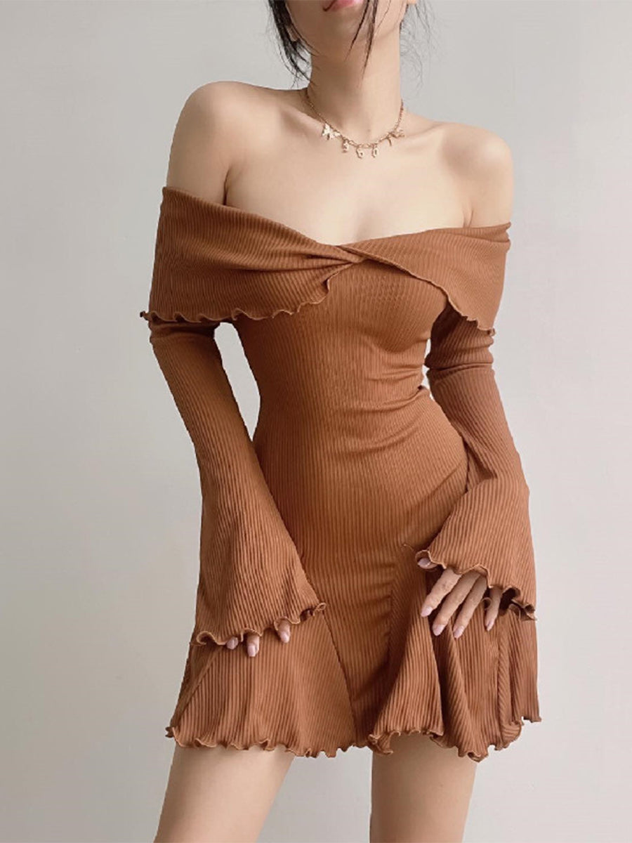 Women's Knitting Long Sleeve Off Shoulder Solid Color Summer Dress