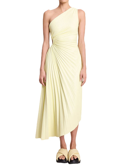 Women Long Dress, One-shoulder Pleated Hollowed Irregular Dress