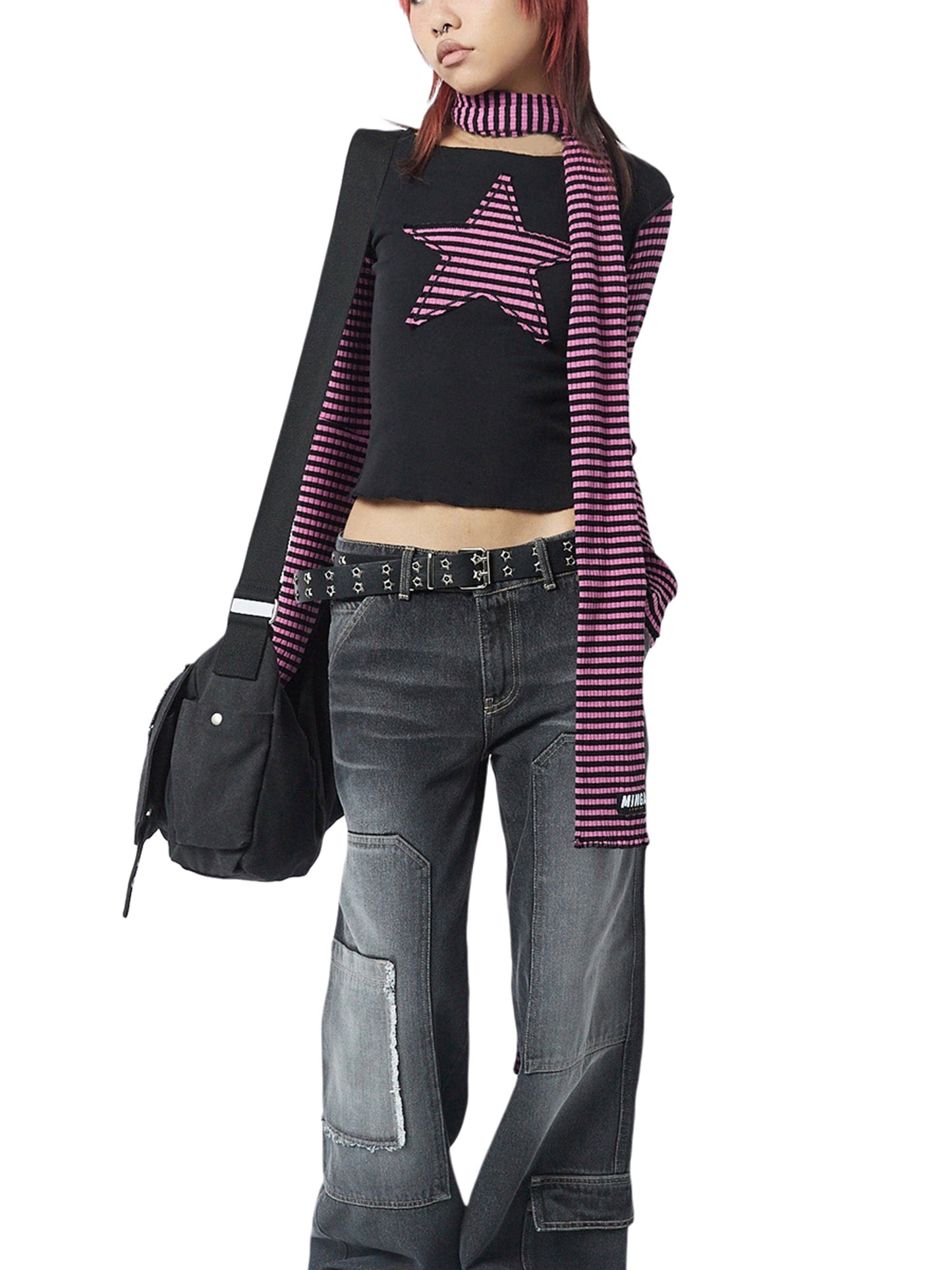 Women's Long Sleeve Crew Neck Star Stripes Top