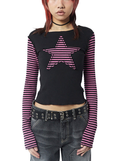 Women's Long Sleeve Crew Neck Star Stripes Top