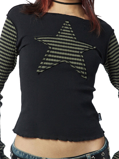 Women's Long Sleeve Crew Neck Star Stripes Top