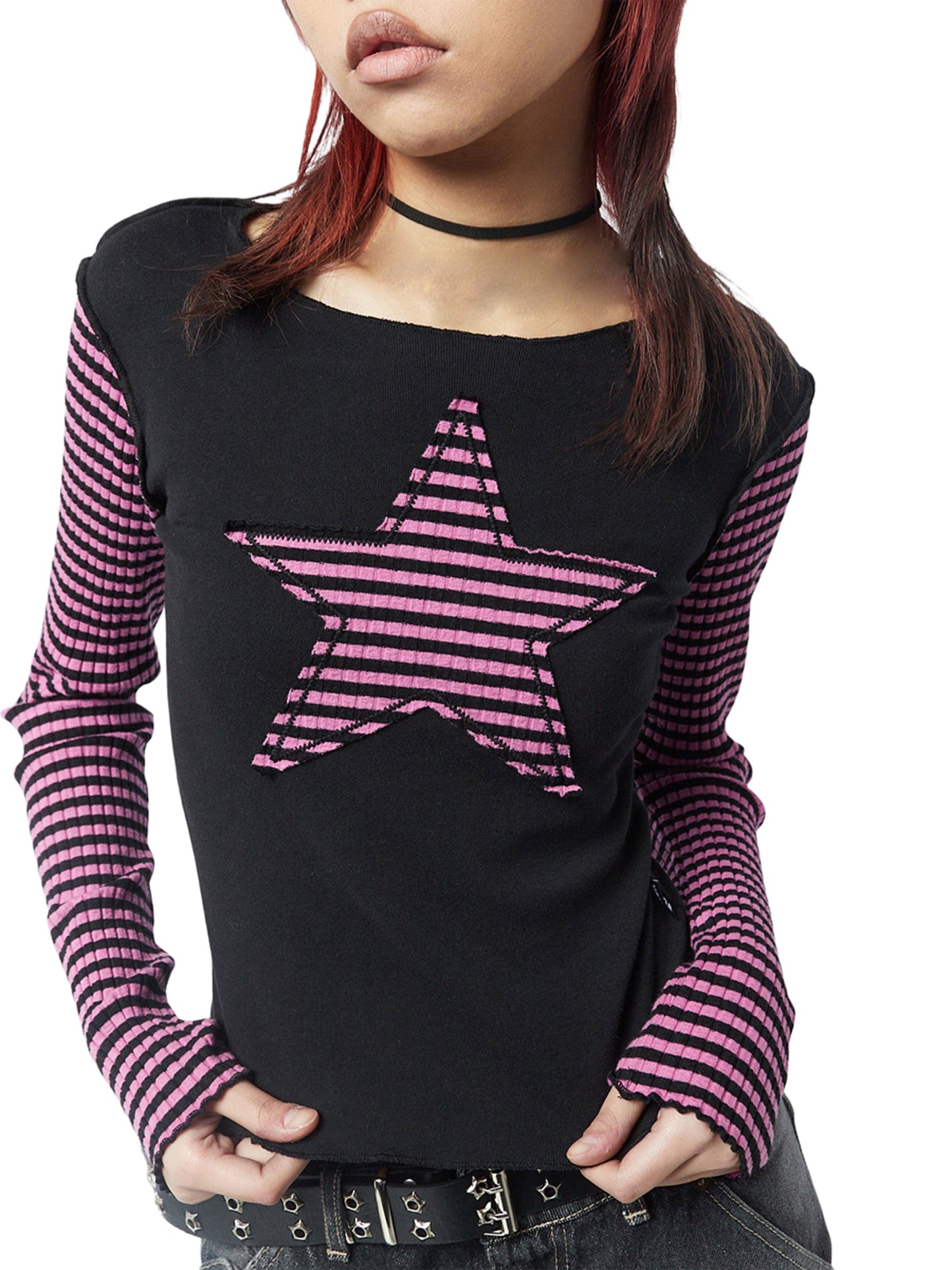 Women's Long Sleeve Crew Neck Star Stripes Top