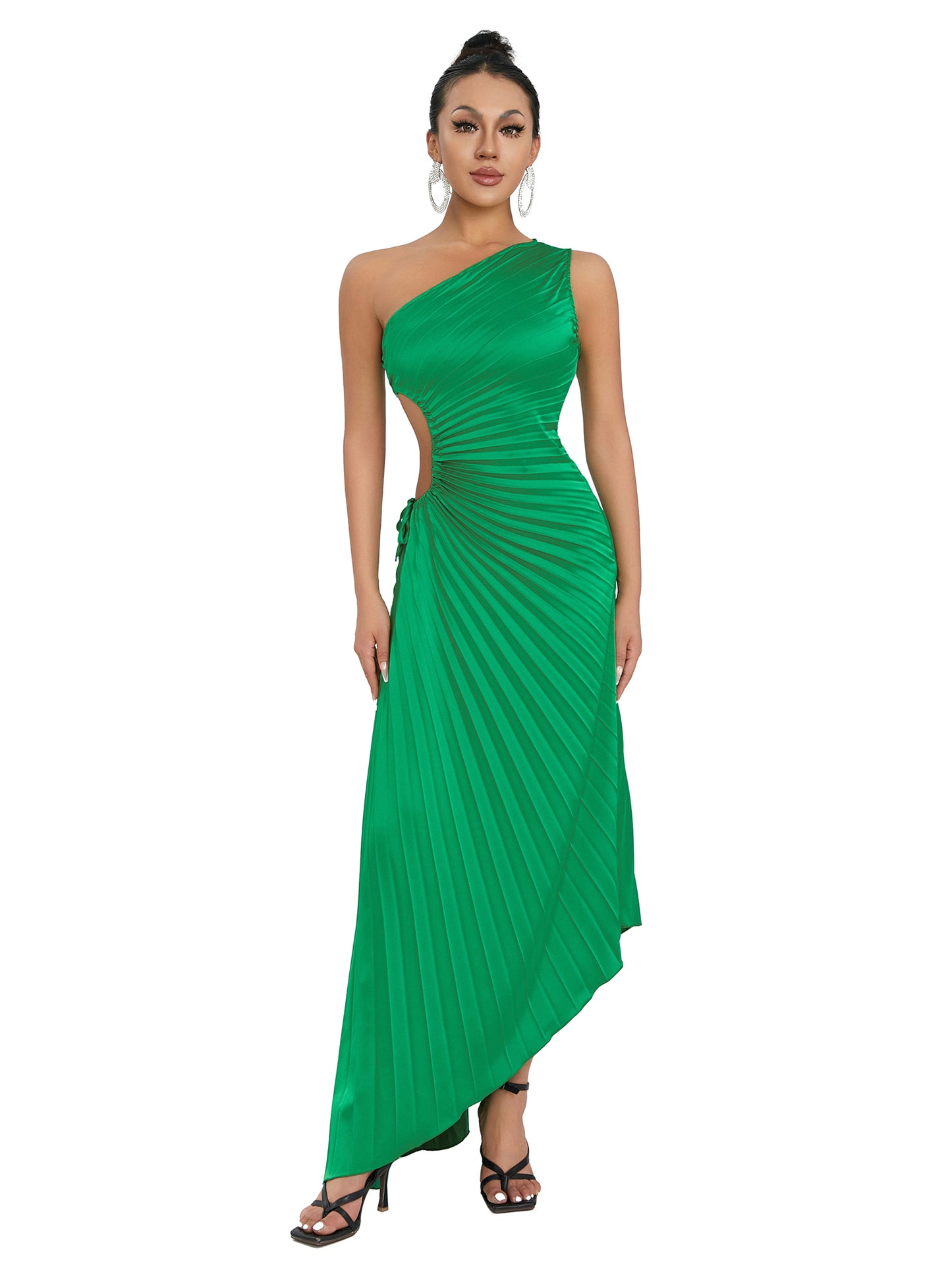 Women Long Dress, One-shoulder Pleated Hollowed Irregular Dress