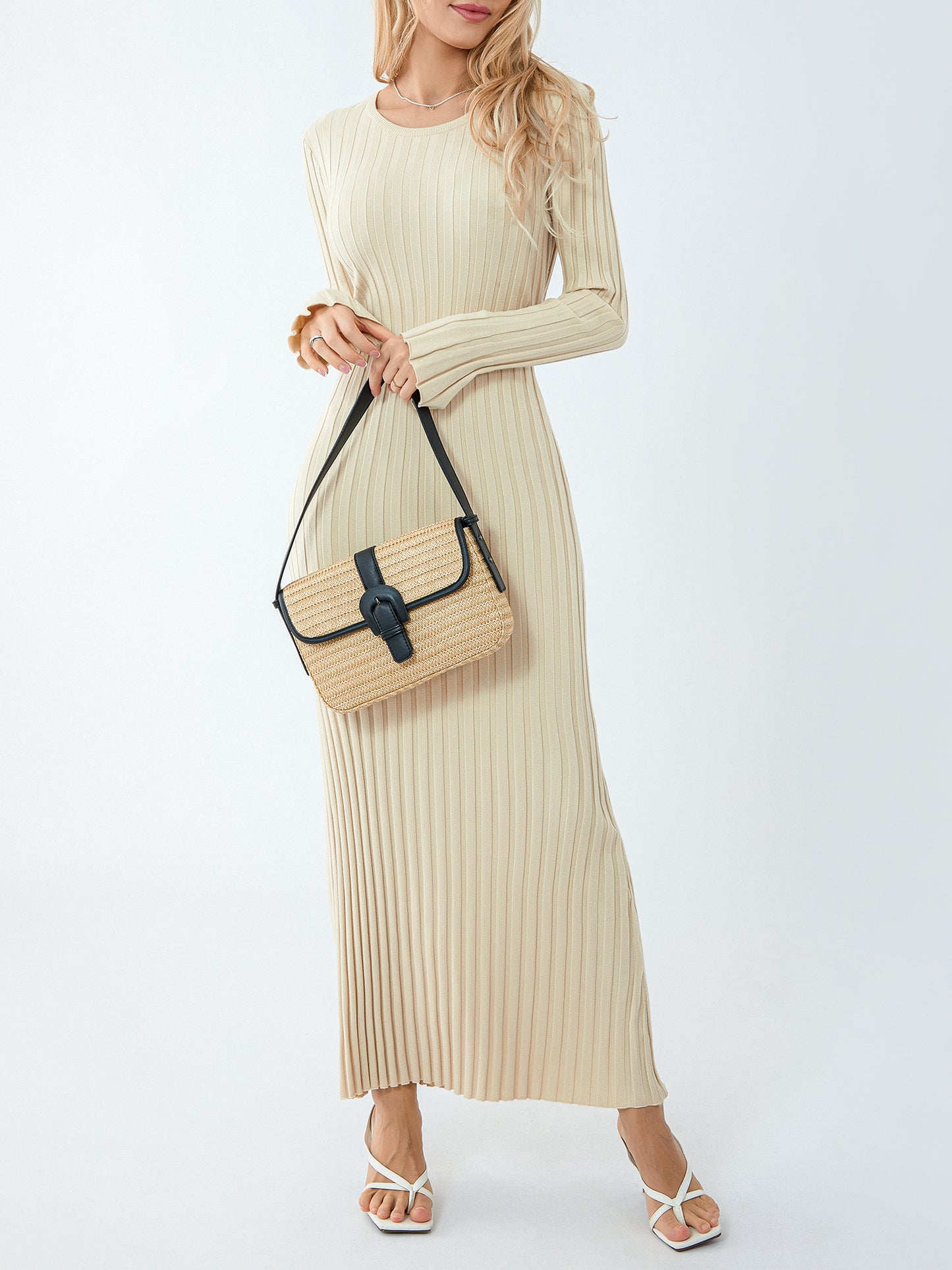 Women Knit Dress, Elegant Long Sleeve Ribbed Solid Fall Long Dress