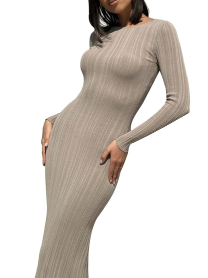 Women Knit Dress, Long Sleeve Crew Neck Ribbed Fall Long Dress