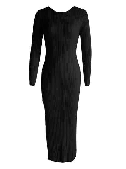 Women Knit Dress, Long Sleeve Crew Neck Ribbed Fall Long Dress