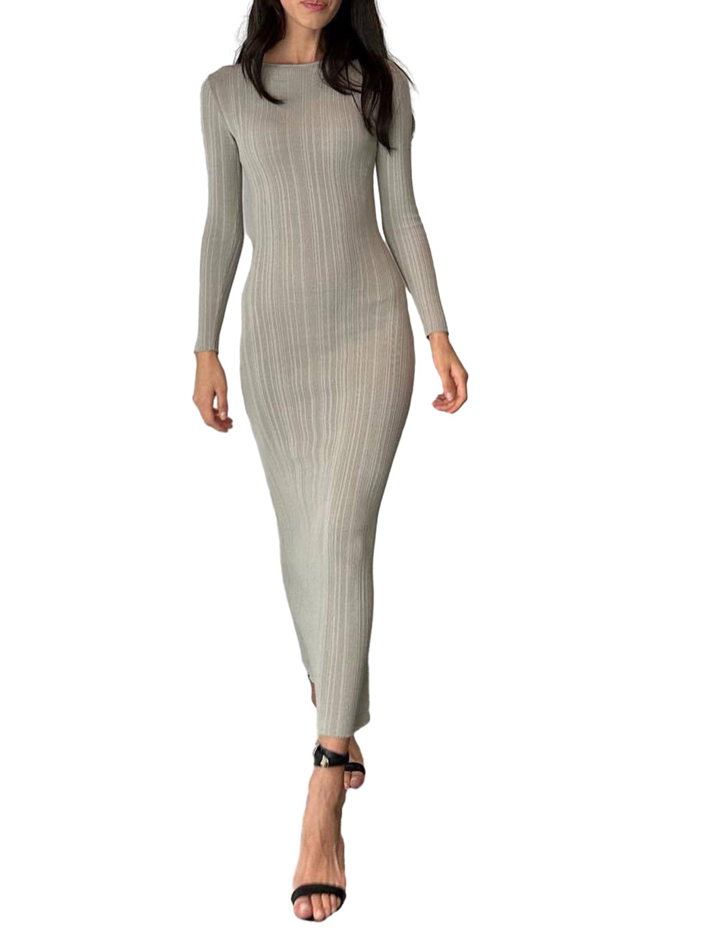 Women Knit Dress, Long Sleeve Crew Neck Ribbed Fall Long Dress