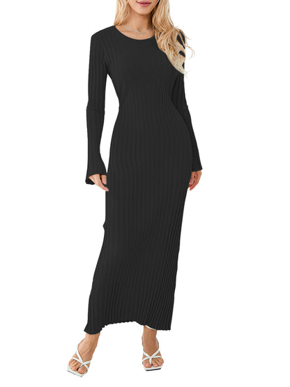 Women Knit Dress, Elegant Long Sleeve Ribbed Solid Fall Long Dress