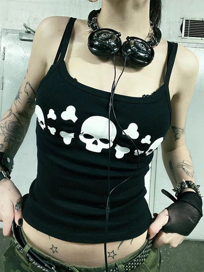 Women Punk Tank Tops Grunge Skull Print Bodycon Crop Camisoles