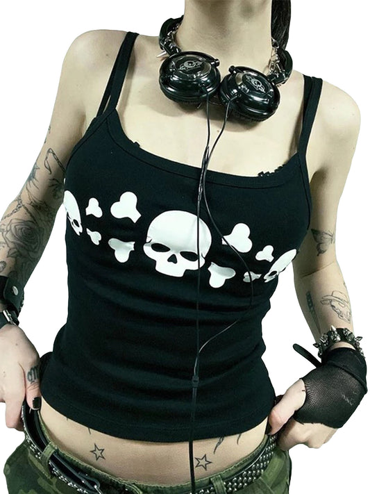 Women Punk Tank Tops Grunge Skull Print Bodycon Crop Camisoles