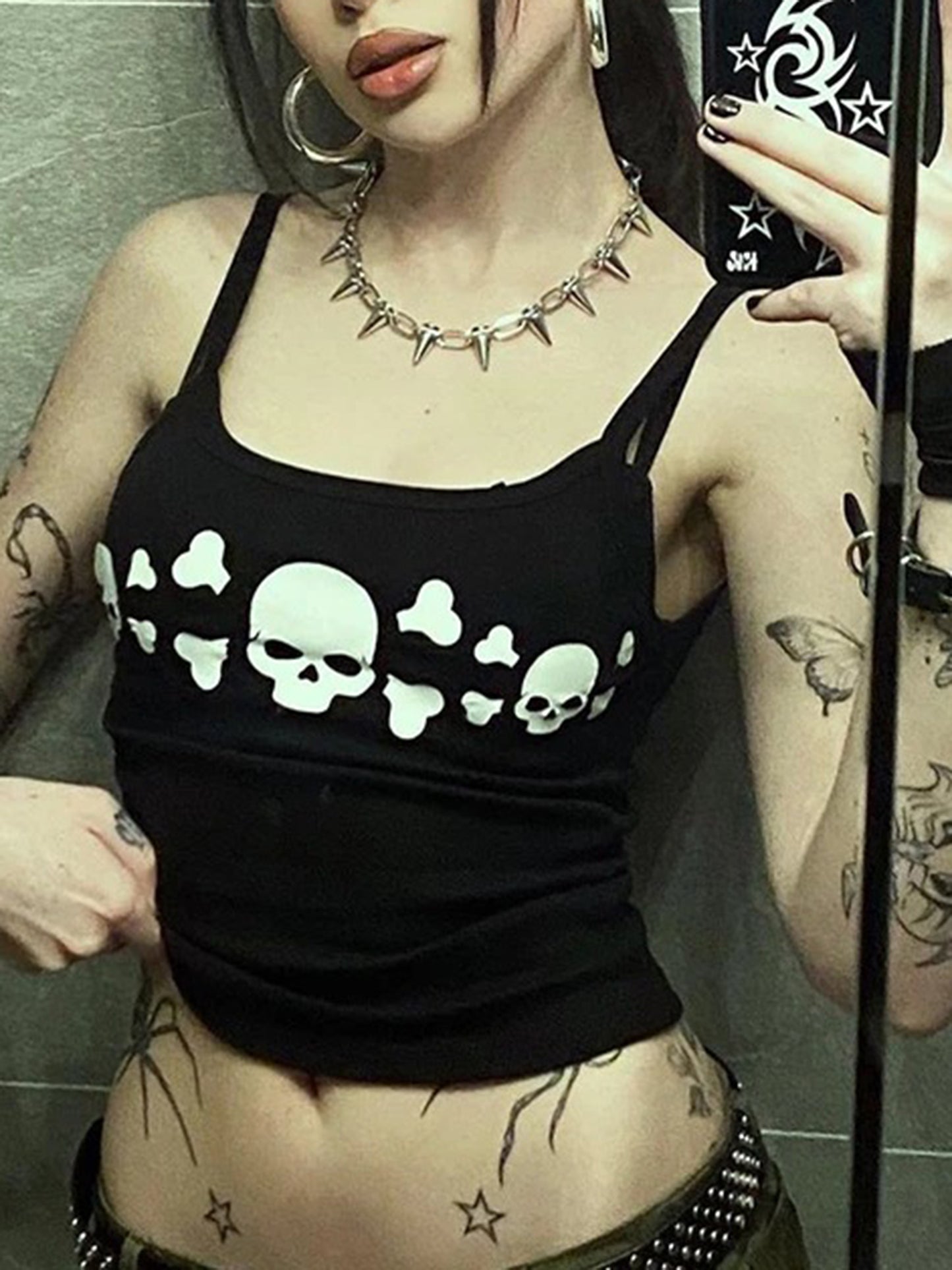 Women Punk Tank Tops Grunge Skull Print Bodycon Crop Camisoles