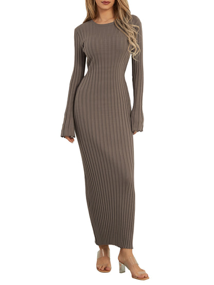 Women Knit Dress, Elegant Long Sleeve Ribbed Solid Fall Long Dress