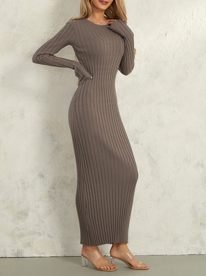 Women Knit Dress, Elegant Long Sleeve Ribbed Solid Fall Long Dress