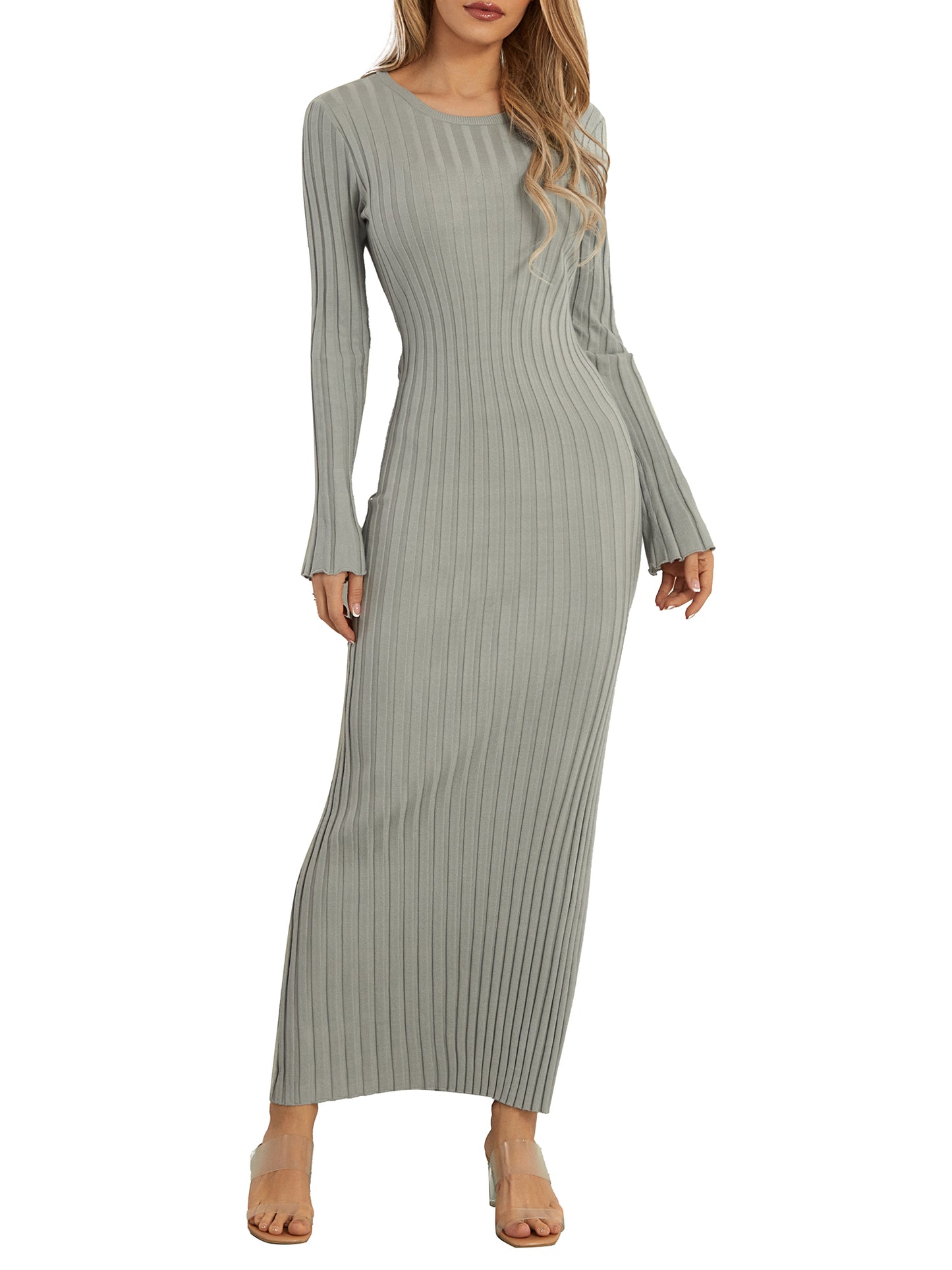 Women Knit Dress, Elegant Long Sleeve Ribbed Solid Fall Long Dress