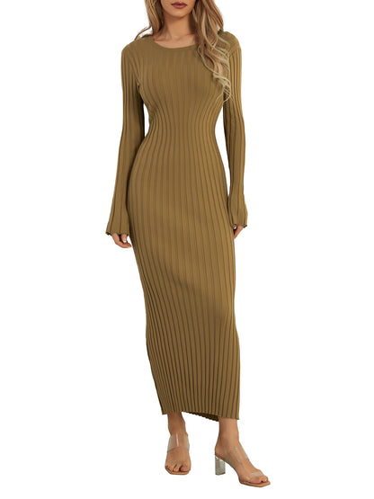 Women Knit Dress, Elegant Long Sleeve Ribbed Solid Fall Long Dress