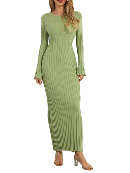 Women Knit Dress, Elegant Long Sleeve Ribbed Solid Fall Long Dress