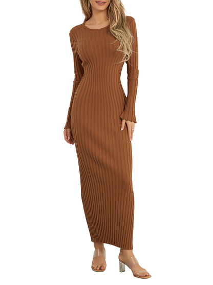 Women Knit Dress, Elegant Long Sleeve Ribbed Solid Fall Long Dress