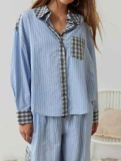 Women Pajama Set, Plaid Long Sleeve Button Closure Shirt with Pants