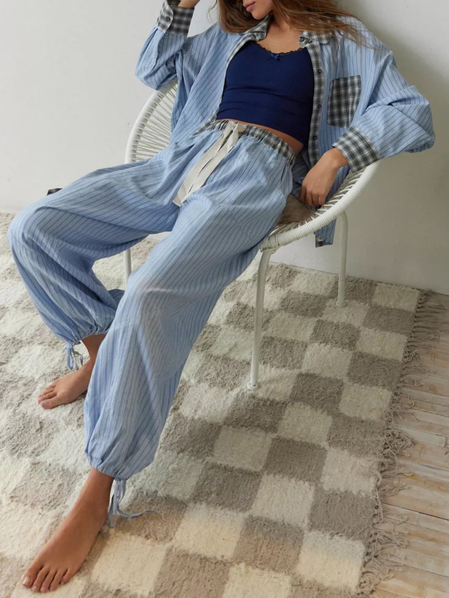 Women Pajama Set, Plaid Long Sleeve Button Closure Shirt with Pants