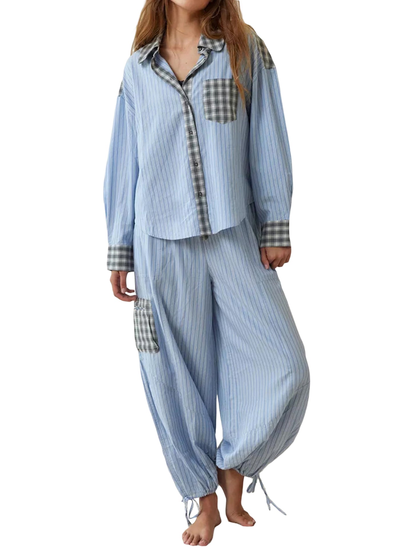 Women Pajama Set, Plaid Long Sleeve Button Closure Shirt with Pants