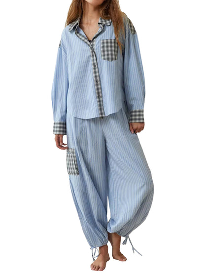 Women Pajama Set, Plaid Long Sleeve Button Closure Shirt with Pants