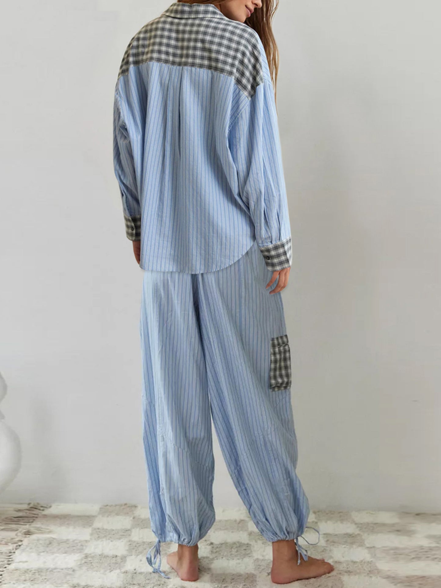 Women Pajama Set, Plaid Long Sleeve Button Closure Shirt with Pants