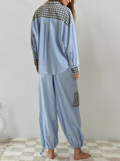 Women Pajama Set, Plaid Long Sleeve Button Closure Shirt with Pants